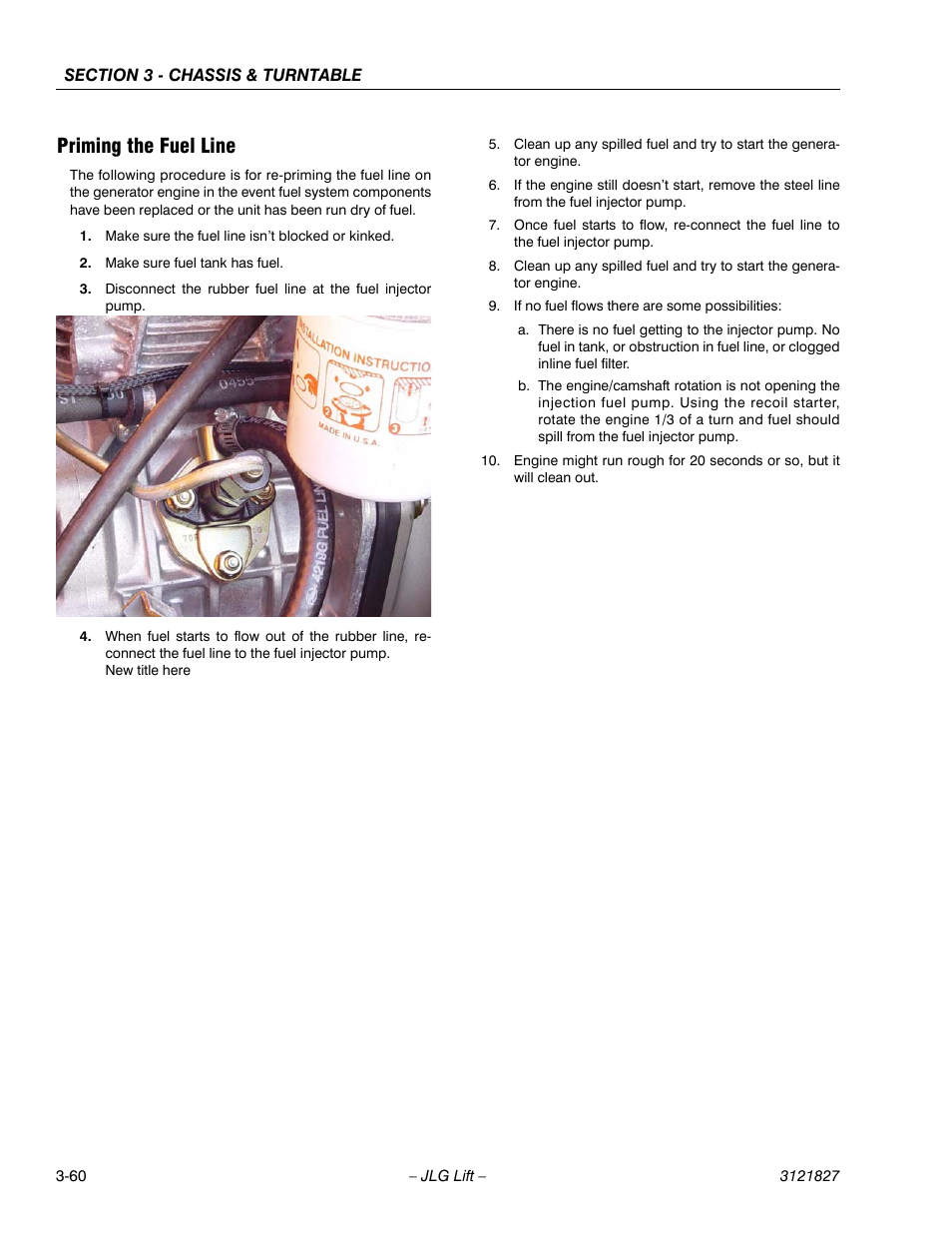 Priming the fuel line, Priming the fuel line -60 | JLG M400 Service Manual Service Manual User Manual | Page 102 / 258