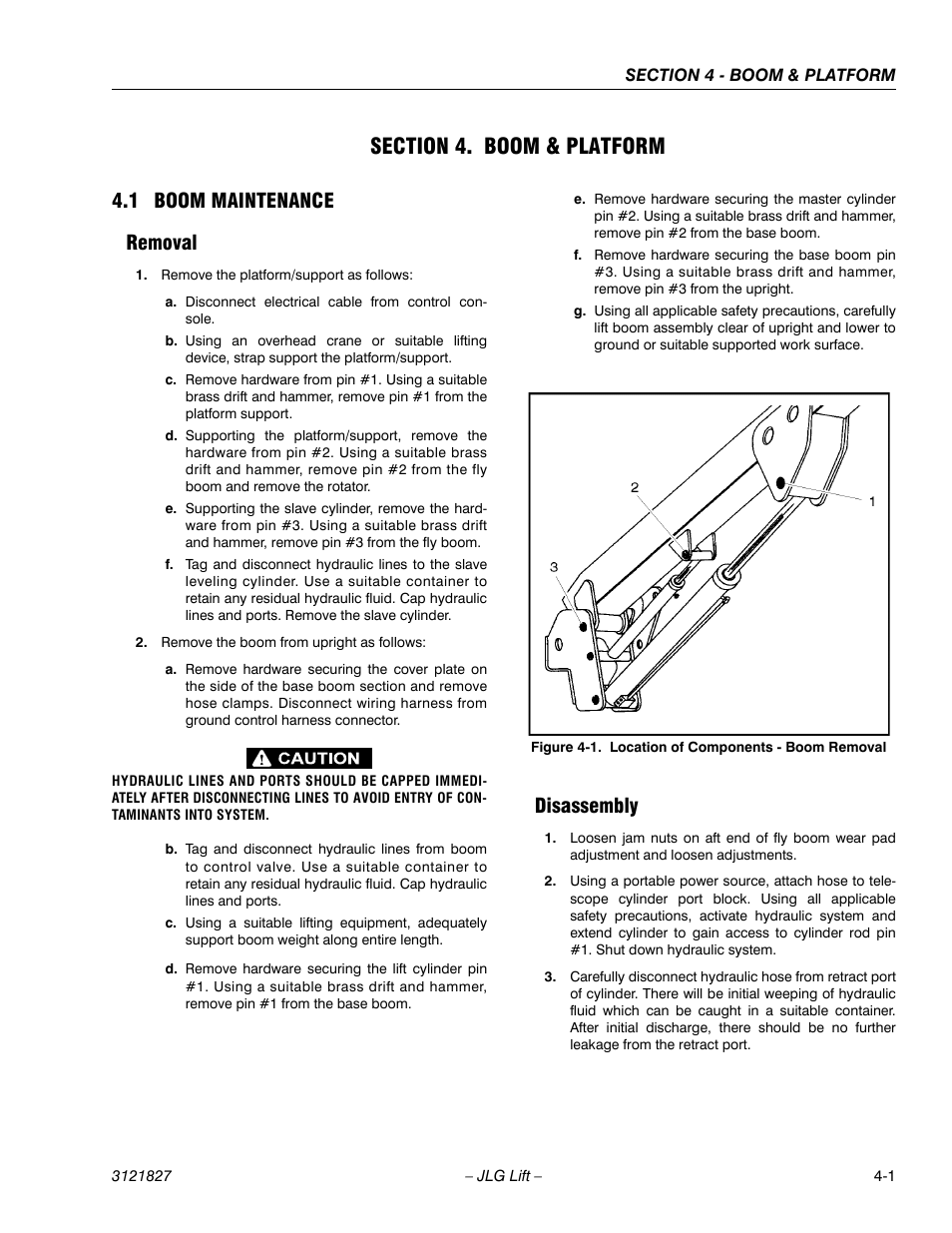 Section 4. boom & platform, 1 boom maintenance, Removal | Disassembly, Section 4 - boom & platform, Boom maintenance -1, Removal -1 disassembly -1, Location of components - boom removal -1, 1 boom maintenance removal | JLG M400 Service Manual Service Manual User Manual | Page 117 / 258