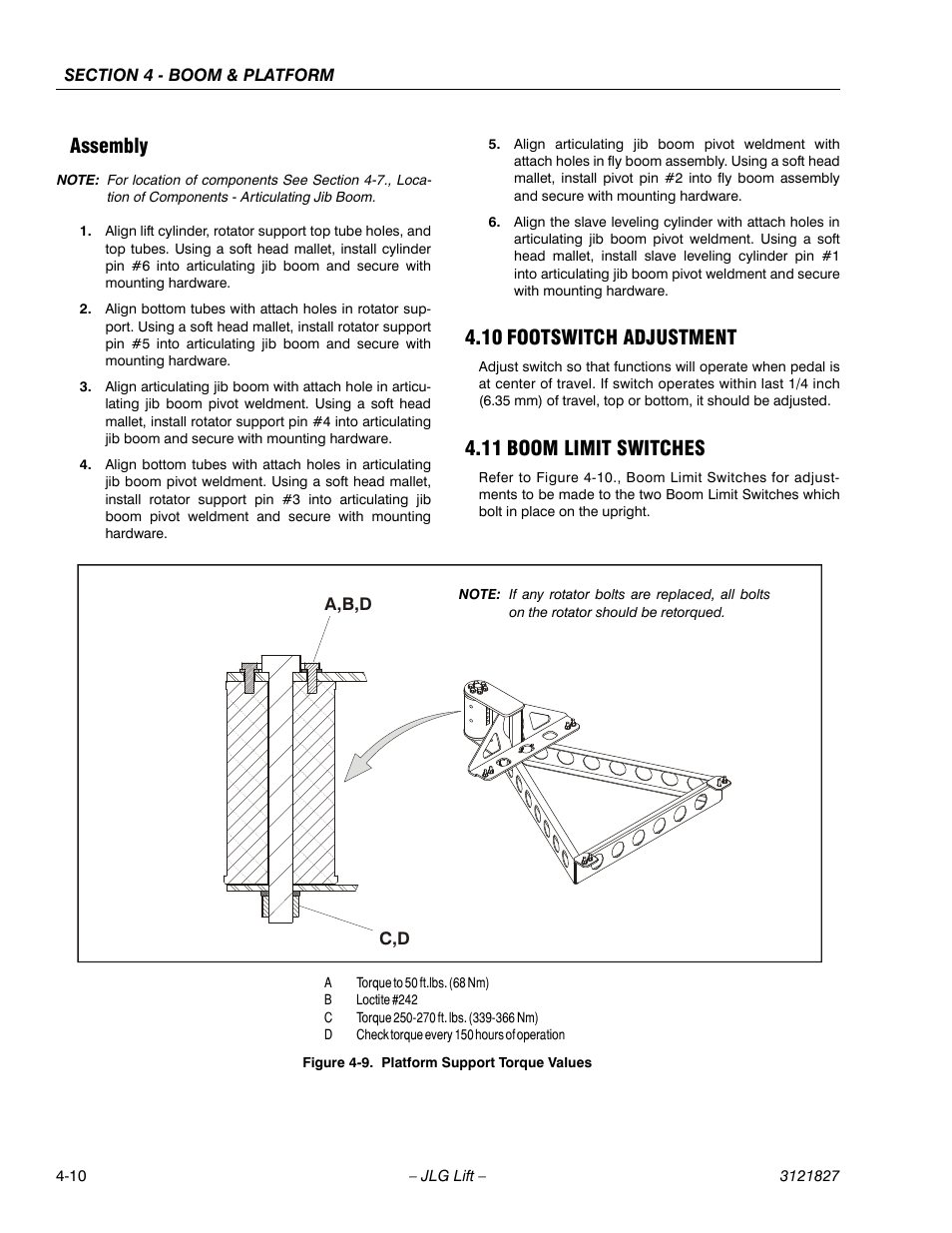 Assembly, 10 footswitch adjustment, 11 boom limit switches | Assembly -10, Footswitch adjustment -10, Boom limit switches -10, Platform support torque values -10 | JLG M400 Service Manual Service Manual User Manual | Page 126 / 258