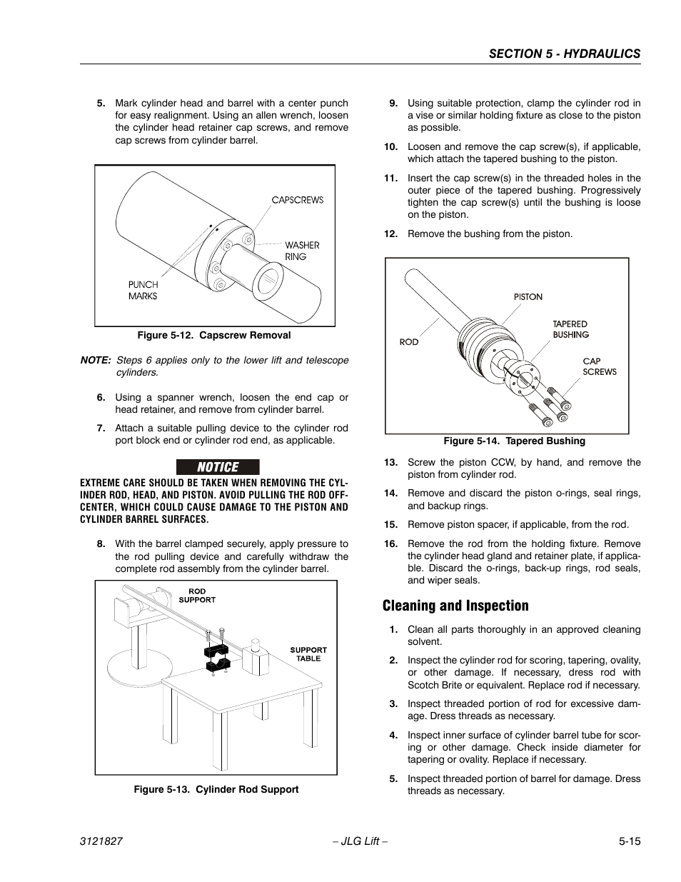 Cleaning and inspection, Cleaning and inspection -15, Capscrew removal -15 | Cylinder rod support -15, Tapered bushing removal -15 | JLG M400 Service Manual Service Manual User Manual | Page 169 / 258