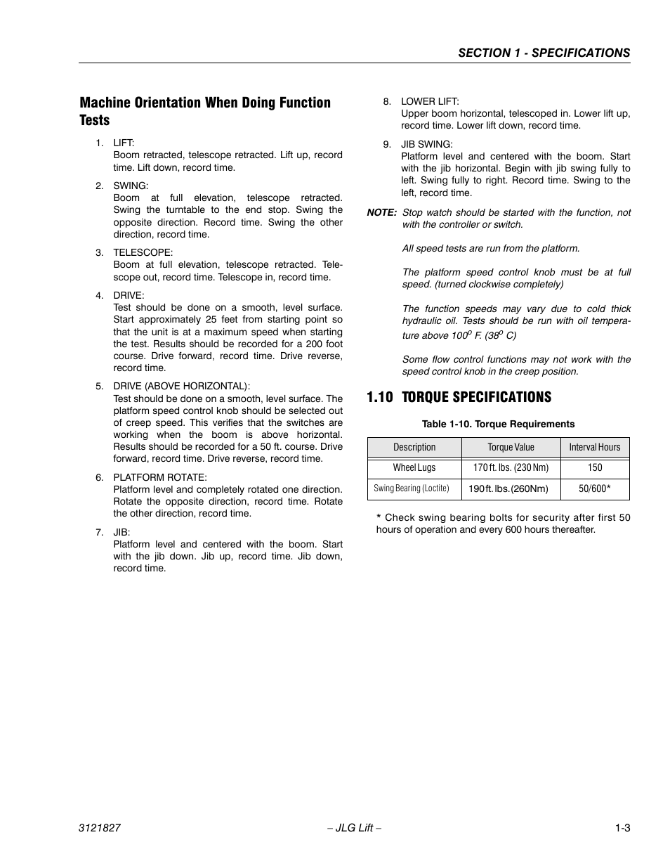 Machine orientation when doing function tests, 10 torque specifications, Machine orientation when doing function tests -3 | Torque specifications -3, Torque requirements -3 | JLG M400 Service Manual Service Manual User Manual | Page 17 / 258