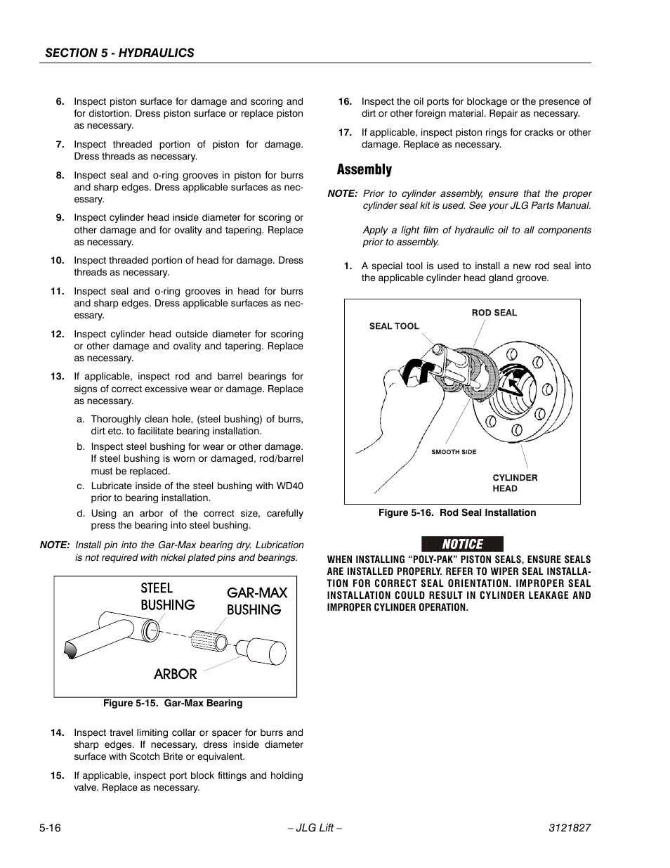 Assembly, Assembly -16, Gar-max bearing installation -16 | Rod seal installation -16 | JLG M400 Service Manual Service Manual User Manual | Page 170 / 258