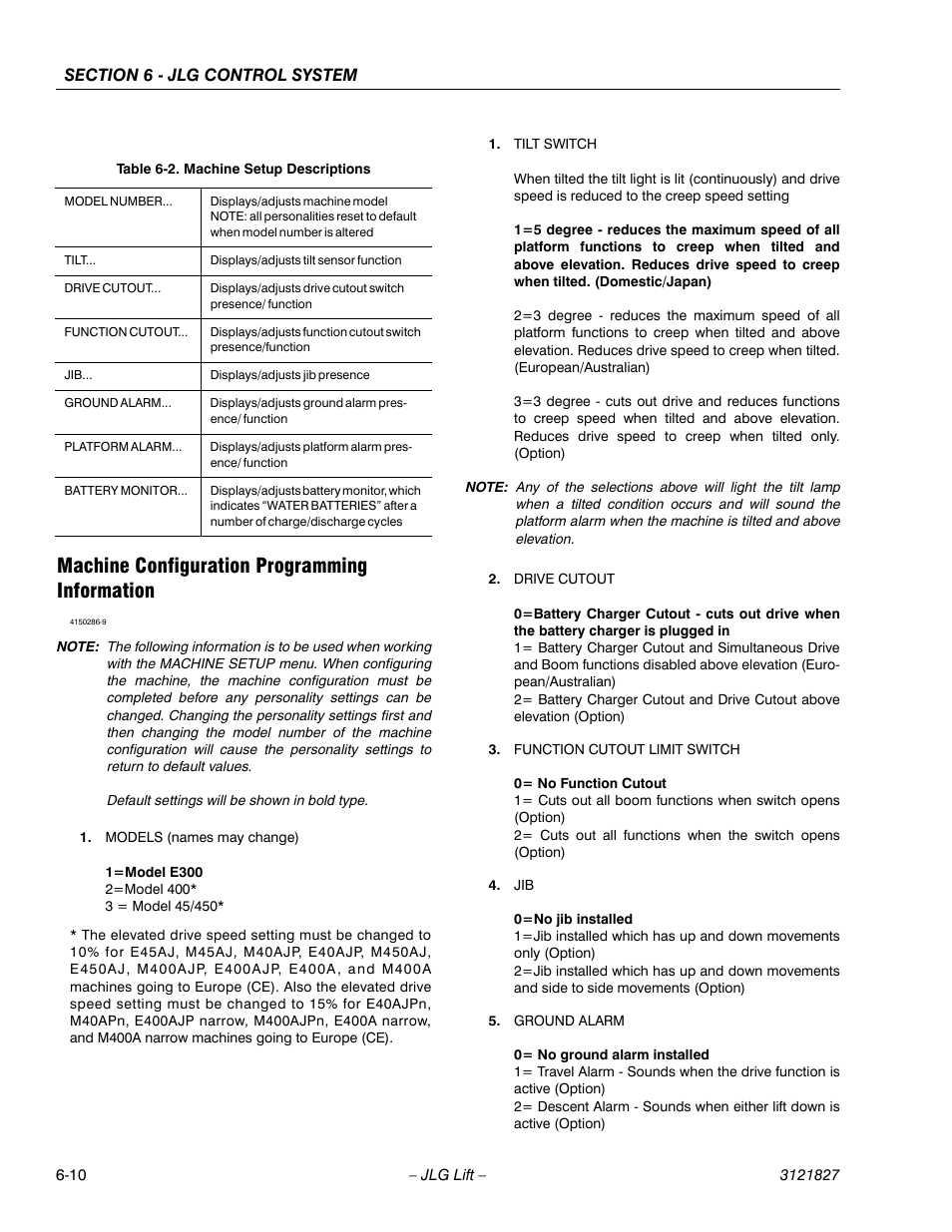 Machine configuration programming information, Machine configuration programming information -10, Machine setup descriptions -10 | JLG M400 Service Manual Service Manual User Manual | Page 190 / 258