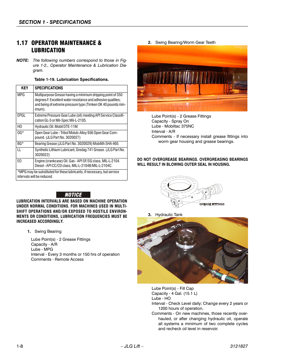 17 operator maintenance & lubrication, Operator maintenance & lubrication -8, Lubrication specifications -8 | JLG M400 Service Manual Service Manual User Manual | Page 22 / 258