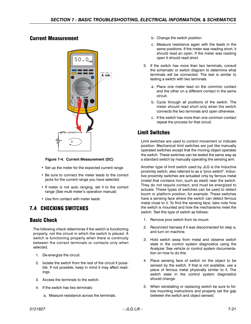 Current measurement, 4 checking switches, Basic check | Limit switches, Current measurement -21, Checking switches -21, Basic check -21 limit switches -21, Current measurement (dc) -21, 4 checking switches basic check | JLG M400 Service Manual Service Manual User Manual | Page 235 / 258