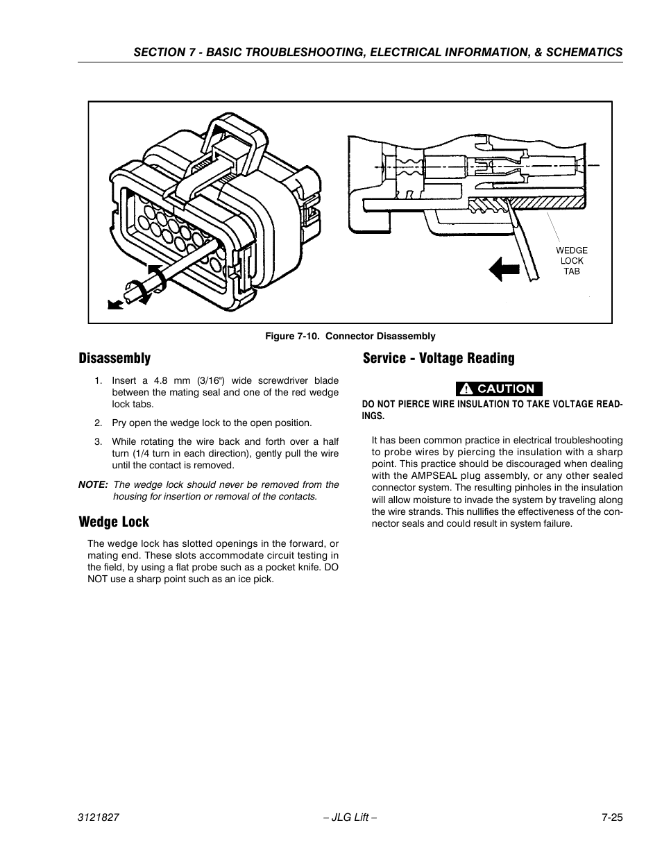 Disassembly, Wedge lock, Service - voltage reading | Connector disassembly -25 | JLG M400 Service Manual Service Manual User Manual | Page 239 / 258