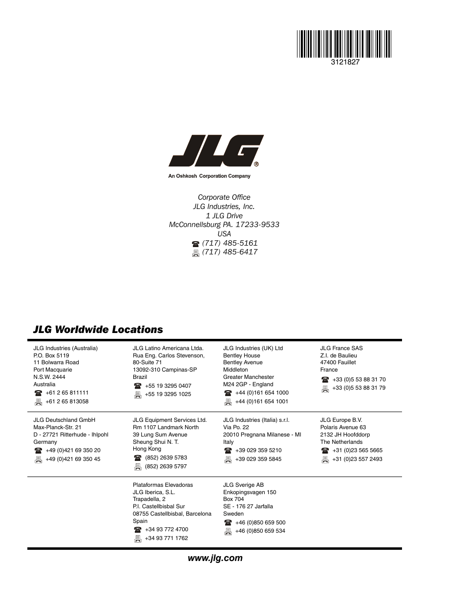 Jlg worldwide locations | JLG M400 Service Manual Service Manual User Manual | Page 258 / 258