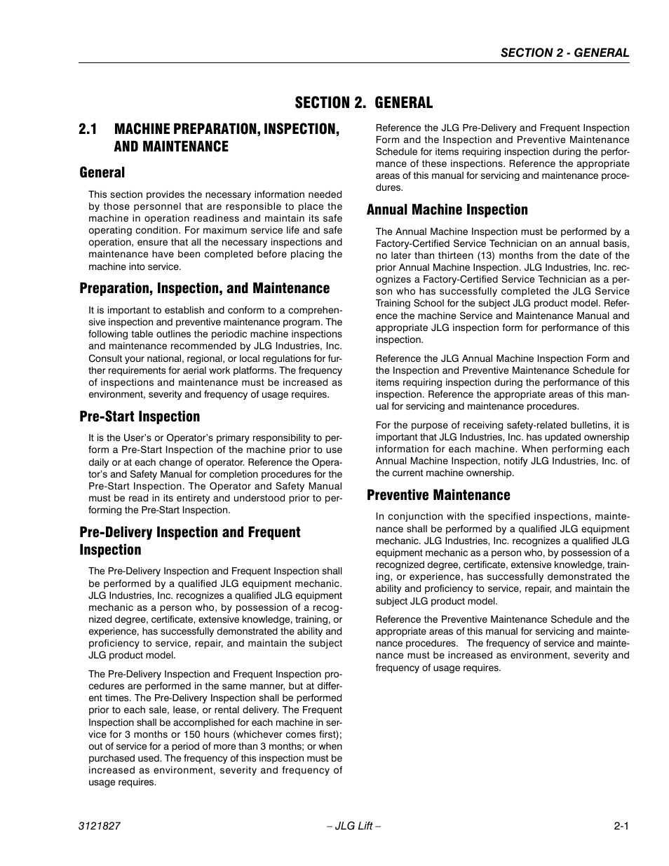 Section 2. general, 1 machine preparation, inspection, and maintenance, General | Preparation, inspection, and maintenance, Pre-start inspection, Pre-delivery inspection and frequent inspection, Annual machine inspection, Preventive maintenance, Section 2 - general | JLG M400 Service Manual Service Manual User Manual | Page 33 / 258