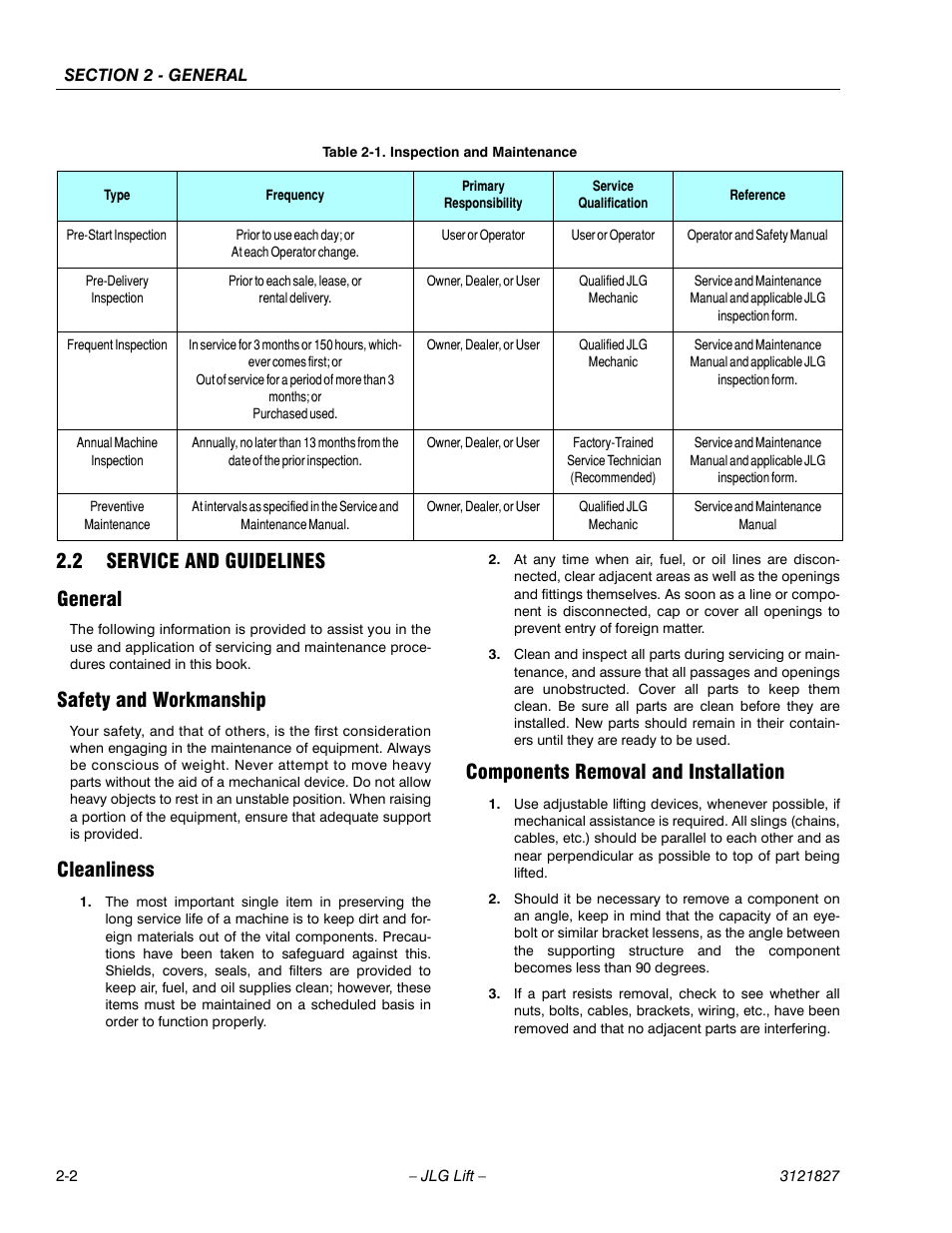 2 service and guidelines, General, Safety and workmanship | Cleanliness, Components removal and installation, Service and guidelines -2, Inspection and maintenance -2, 2 service and guidelines general | JLG M400 Service Manual Service Manual User Manual | Page 34 / 258