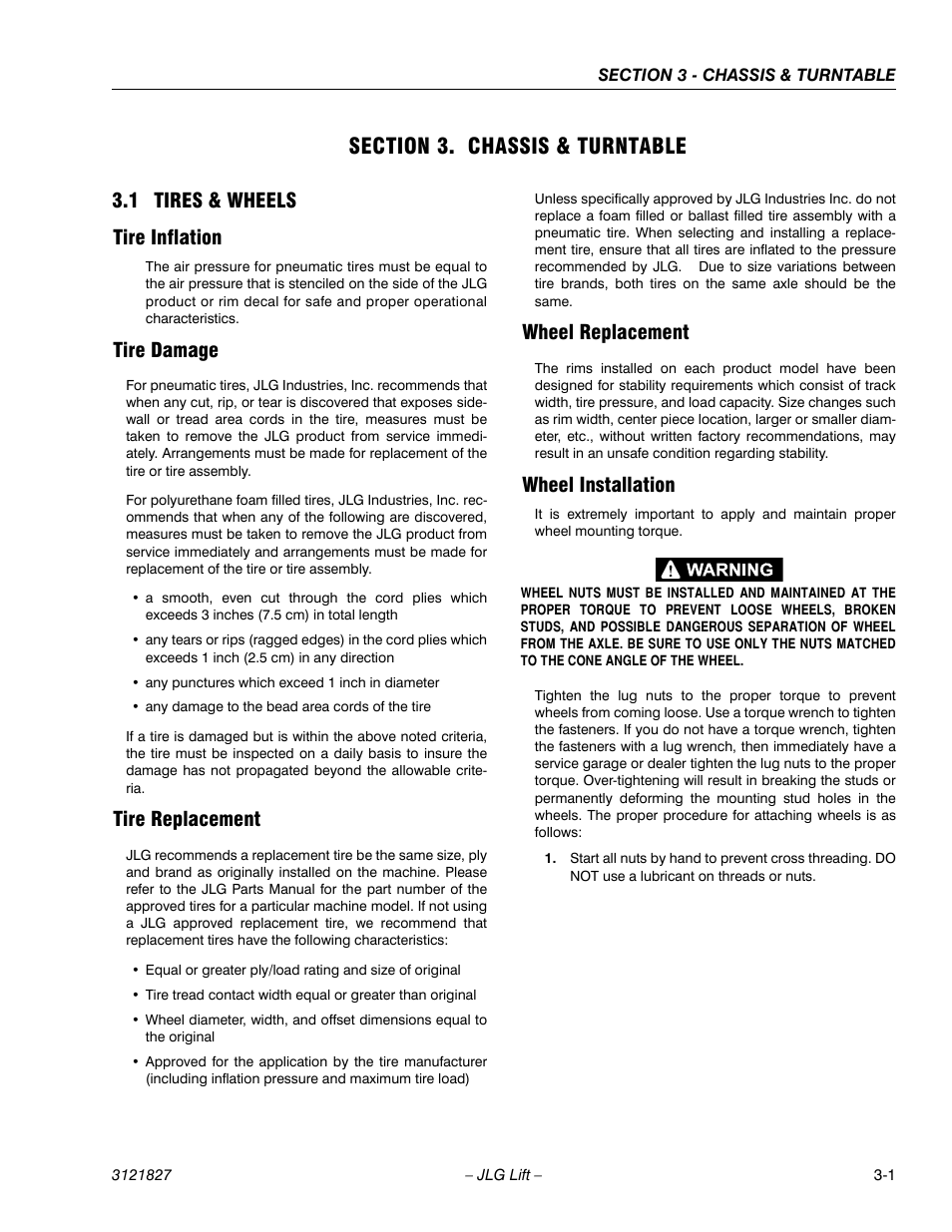 Section 3. chassis & turntable, 1 tires & wheels, Tire inflation | Tire damage, Tire replacement, Wheel replacement, Wheel installation, Section 3 - chassis & turntable, Tires & wheels -1, 1 tires & wheels tire inflation | JLG M400 Service Manual Service Manual User Manual | Page 43 / 258