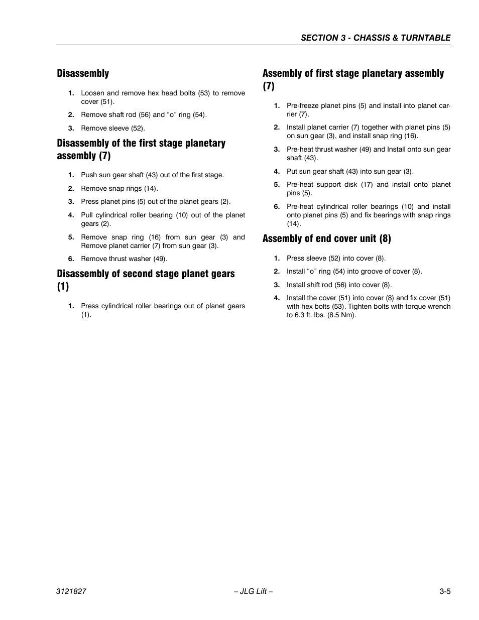 Disassembly, Disassembly of second stage planet gears (1), Assembly of first stage planetary assembly (7) | Assembly of end cover unit (8) | JLG M400 Service Manual Service Manual User Manual | Page 47 / 258