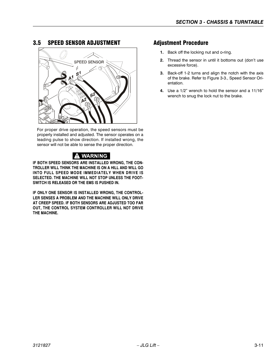 5 speed sensor adjustment, Adjustment procedure, Speed sensor adjustment -11 | Adjustment procedure -11 | JLG M400 Service Manual Service Manual User Manual | Page 53 / 258