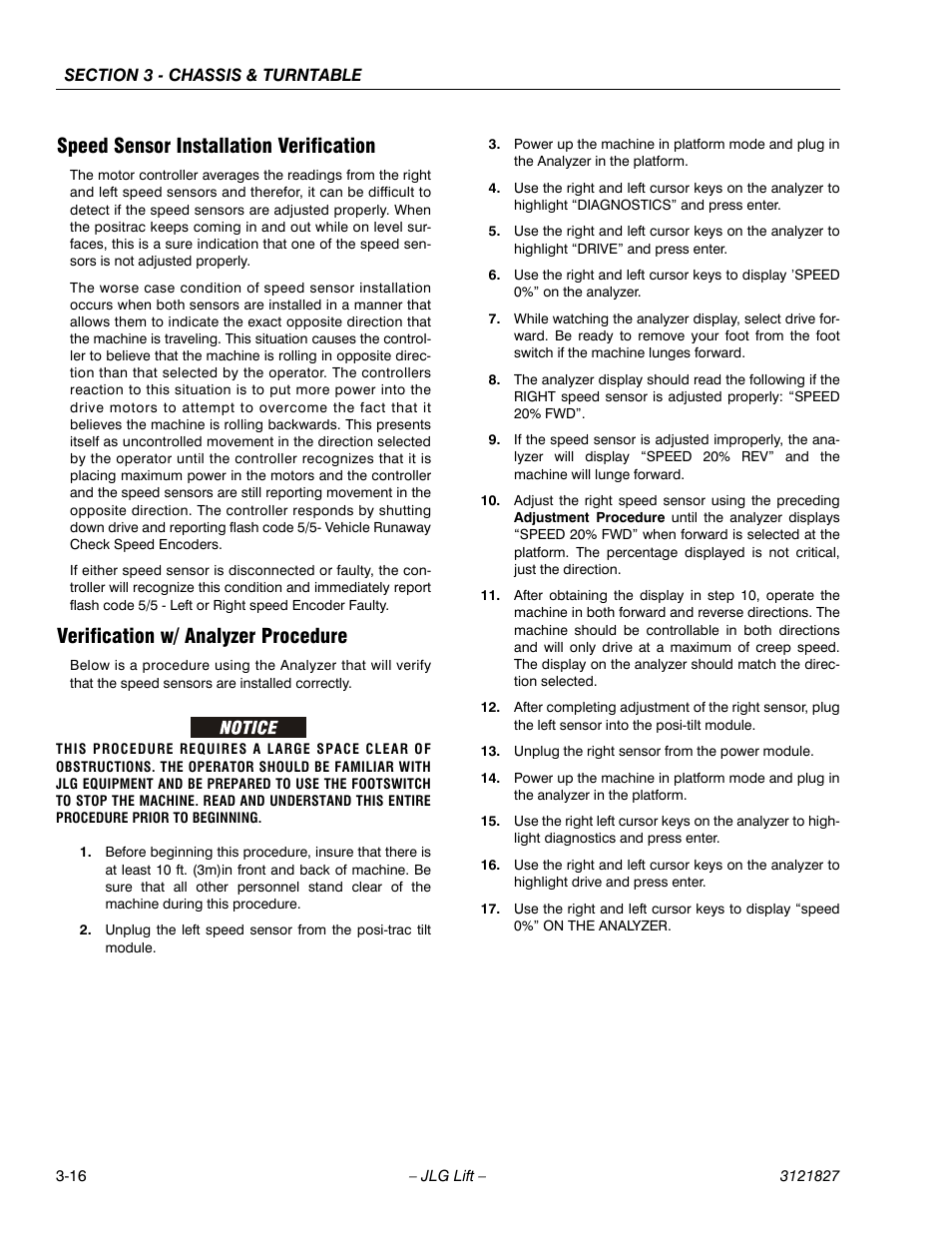 Speed sensor installation verification, Verification w/ analyzer procedure | JLG M400 Service Manual Service Manual User Manual | Page 58 / 258