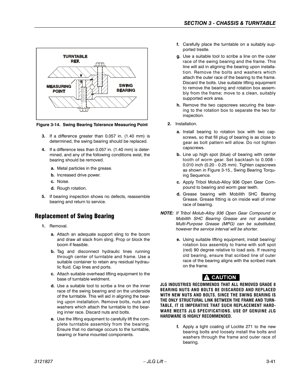 Replacement of swing bearing, Replacement of swing bearing -41, Swing bearing tolerance measuring point -41 | Table. (see figure 3-14, Bearing and turntable (see figure 3-14.) | JLG M400 Service Manual Service Manual User Manual | Page 83 / 258