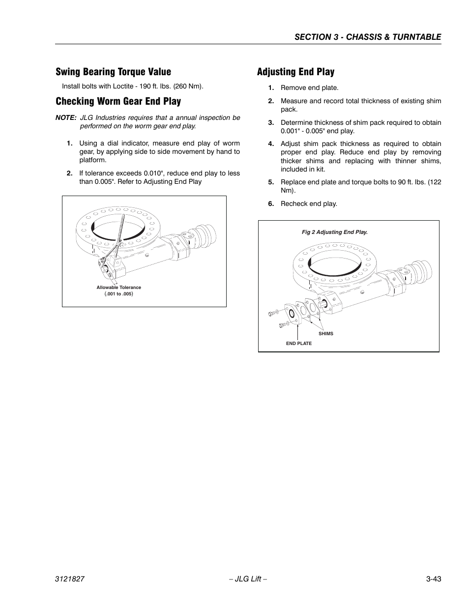 Swing bearing torque value, Checking worm gear end play, Adjusting end play | JLG M400 Service Manual Service Manual User Manual | Page 85 / 258