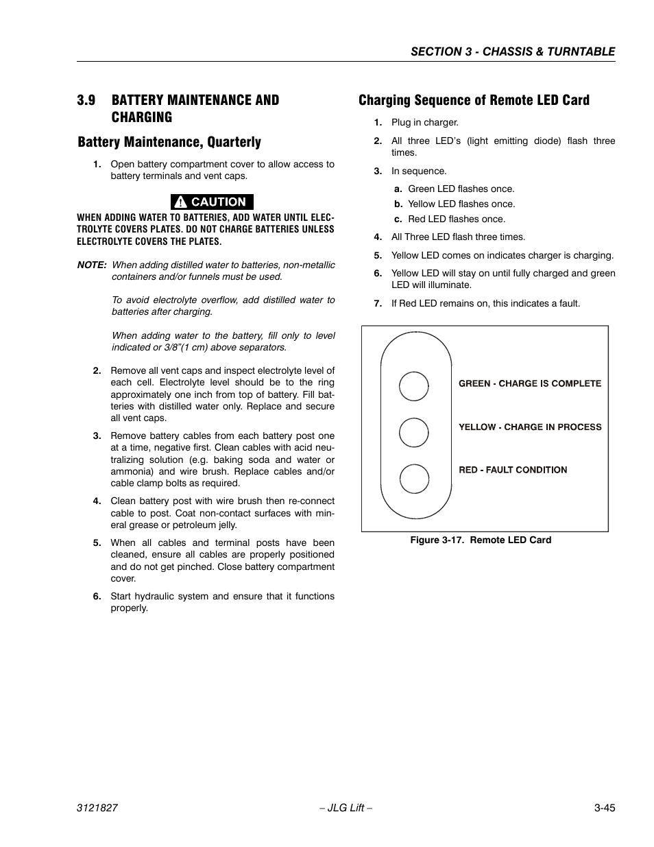 9 battery maintenance and charging, Battery maintenance, quarterly, Charging sequence of remote led card | Battery maintenance and charging -45, Remote led card -45 | JLG M400 Service Manual Service Manual User Manual | Page 87 / 258