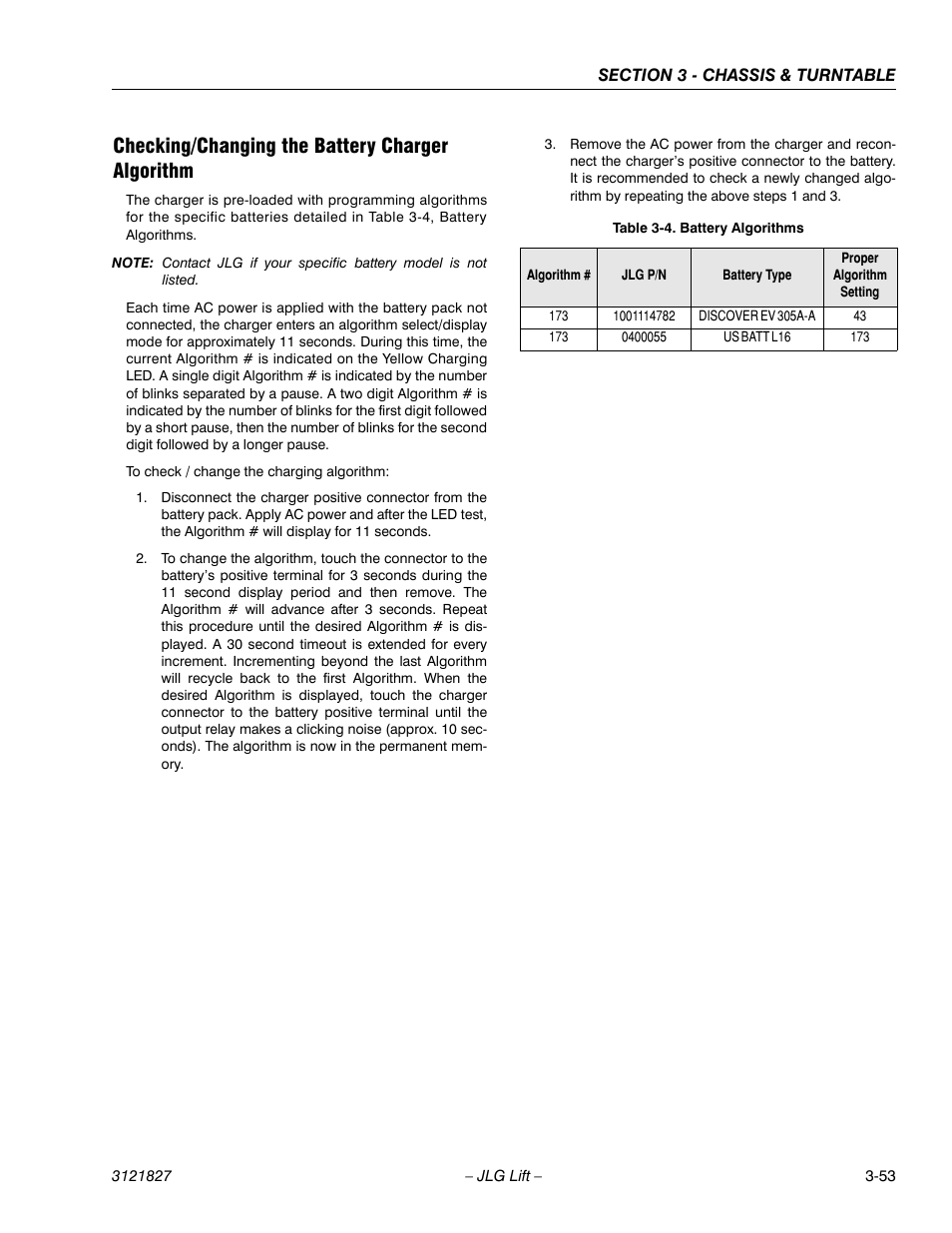 Checking/changing the battery charger algorithm, Battery algorithms -53 | JLG M400 Service Manual Service Manual User Manual | Page 95 / 258