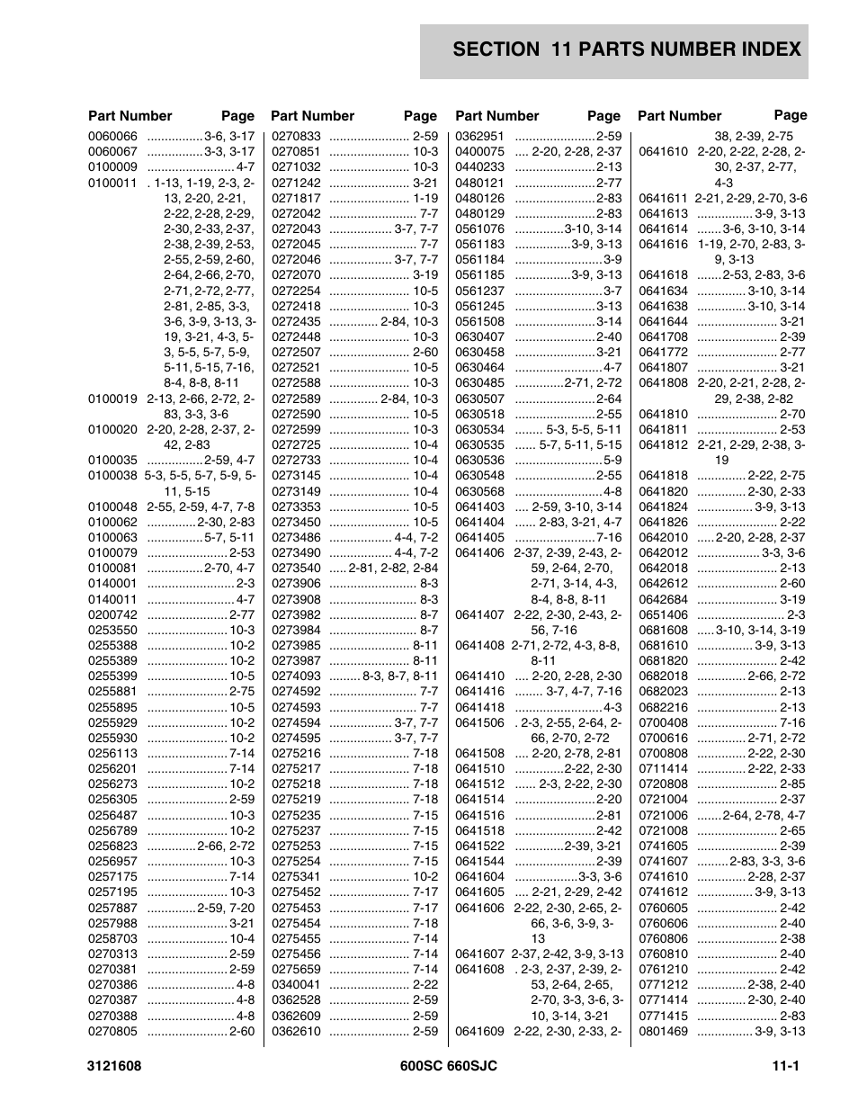 Section 11 parts number index, 11 - parts number index -1 | JLG 600SC_660SJC Parts Manual User Manual | Page 215 / 226