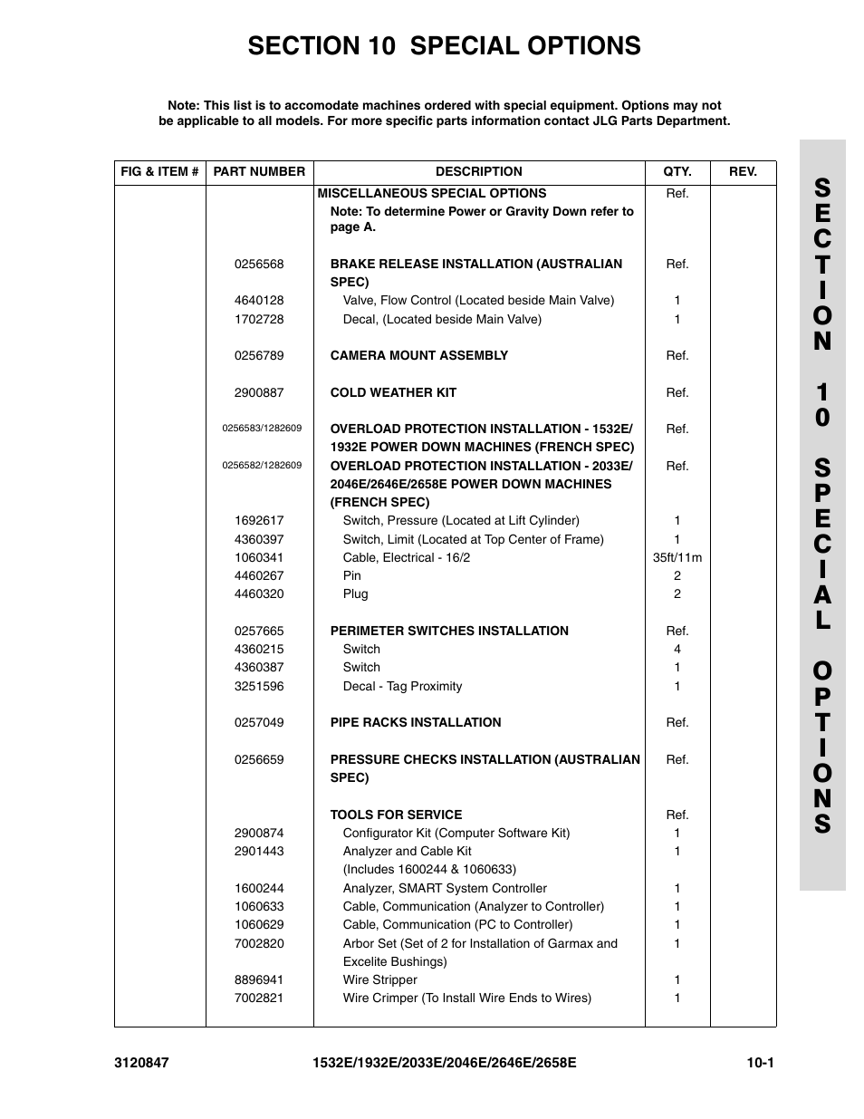 Section 10 special options, Section 10 - special options -1 | JLG 2658E Parts Manual User Manual | Page 233 / 244