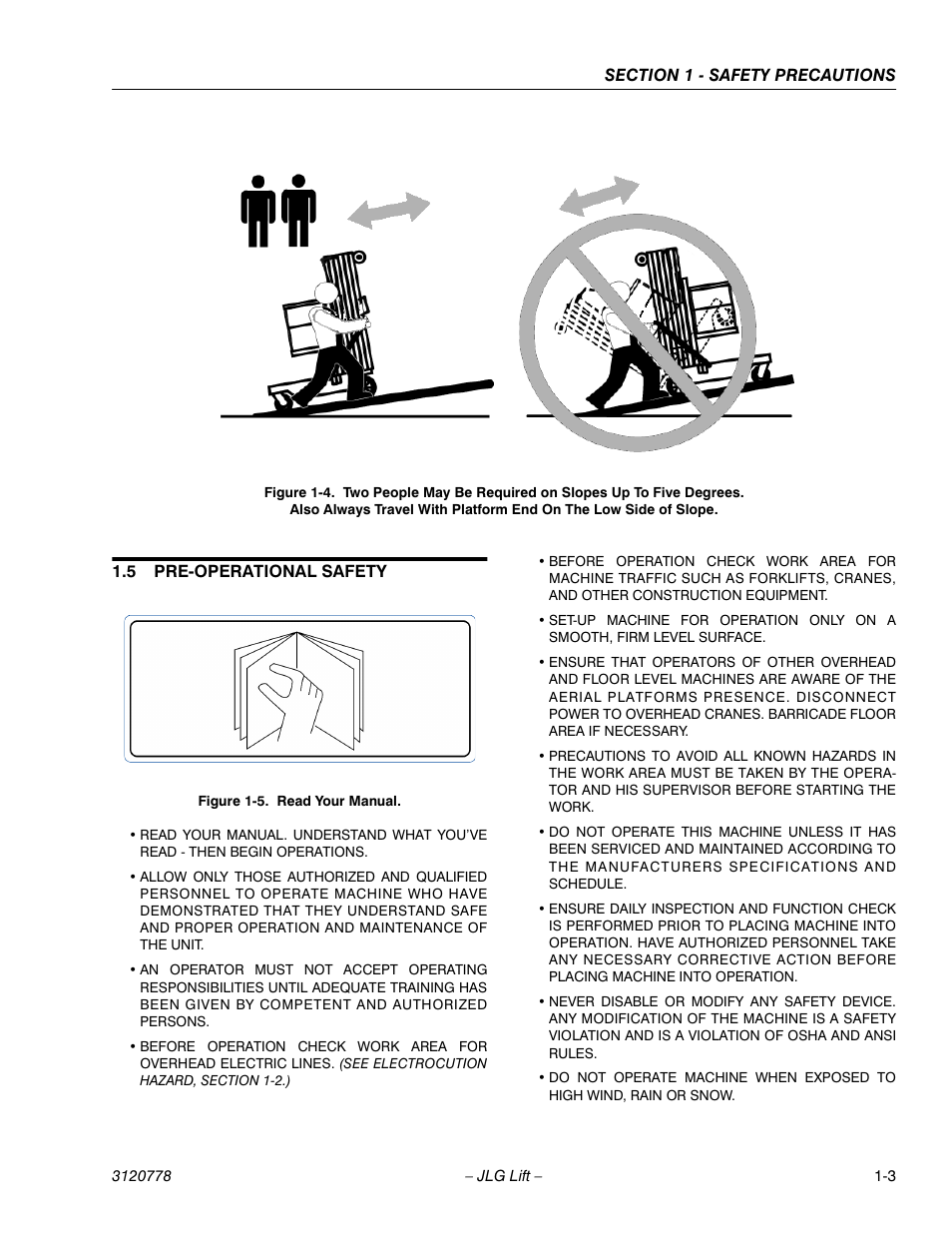 5 pre-operational safety, Pre-operational safety -3, With platform end on the low side of slope -3 | Read your manual -3 | JLG 15ELI Operator Manual User Manual | Page 15 / 50
