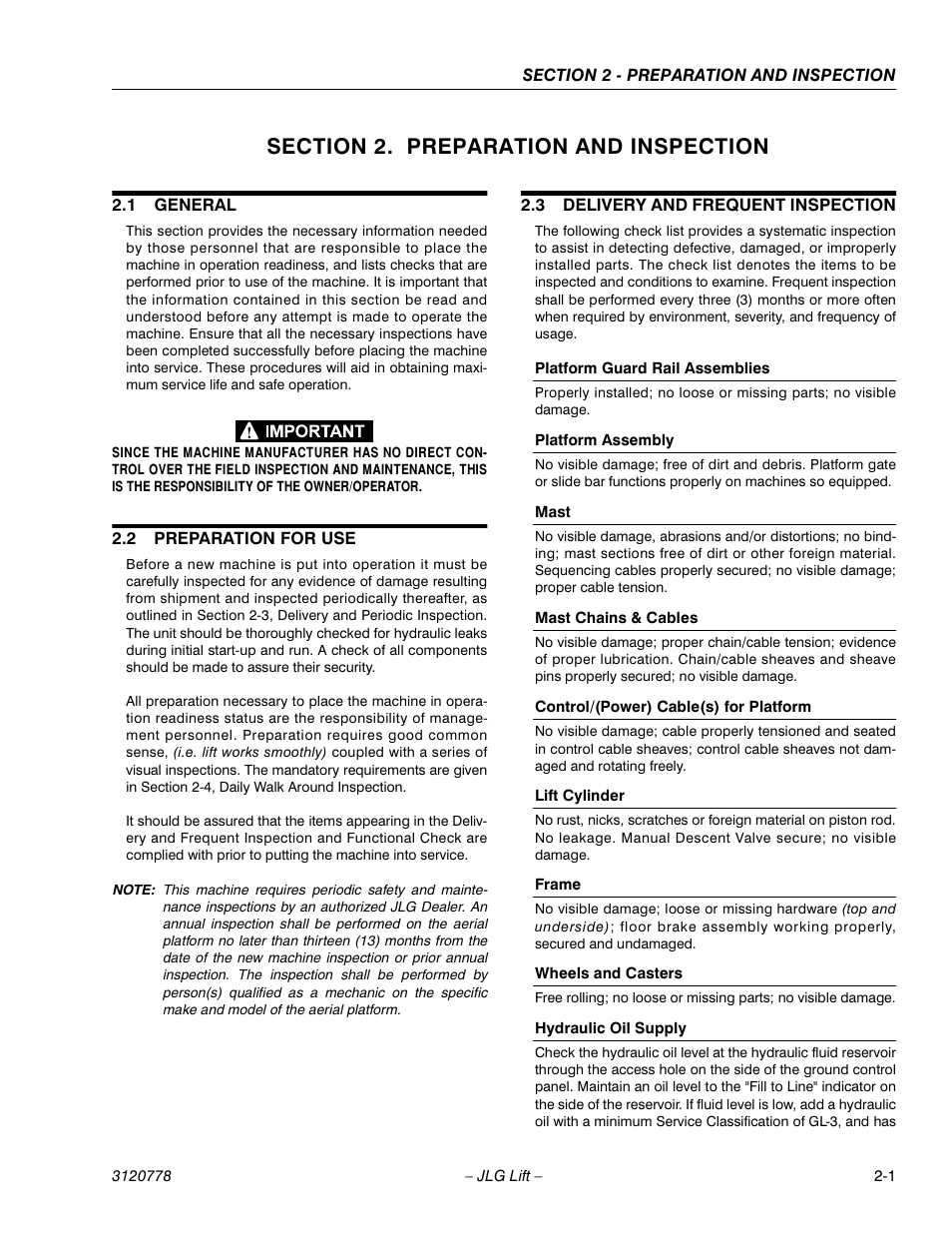 Section 2. preparation and inspection, 1 general, 2 preparation for use | 3 delivery and frequent inspection, Platform guard rail assemblies, Platform assembly, Mast, Mast chains & cables, Control/(power) cable(s) for platform, Lift cylinder | JLG 15ELI Operator Manual User Manual | Page 19 / 50