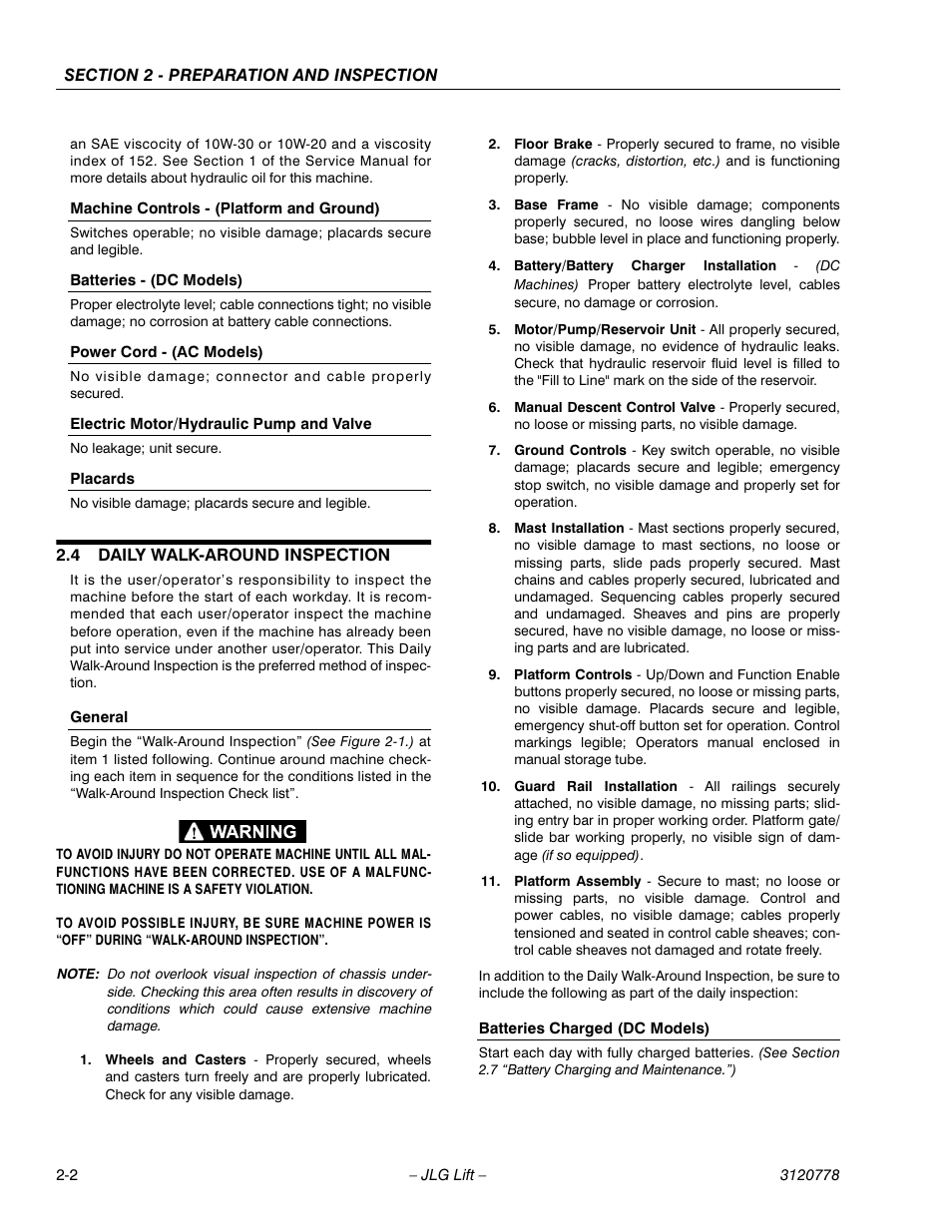 Machine controls - (platform and ground), Batteries - (dc models), Power cord - (ac models) | Electric motor/hydraulic pump and valve, Placards, 4 daily walk-around inspection, General, Batteries charged (dc models), Daily walk-around inspection -2, General -2 batteries charged (dc models) -2 | JLG 15ELI Operator Manual User Manual | Page 20 / 50