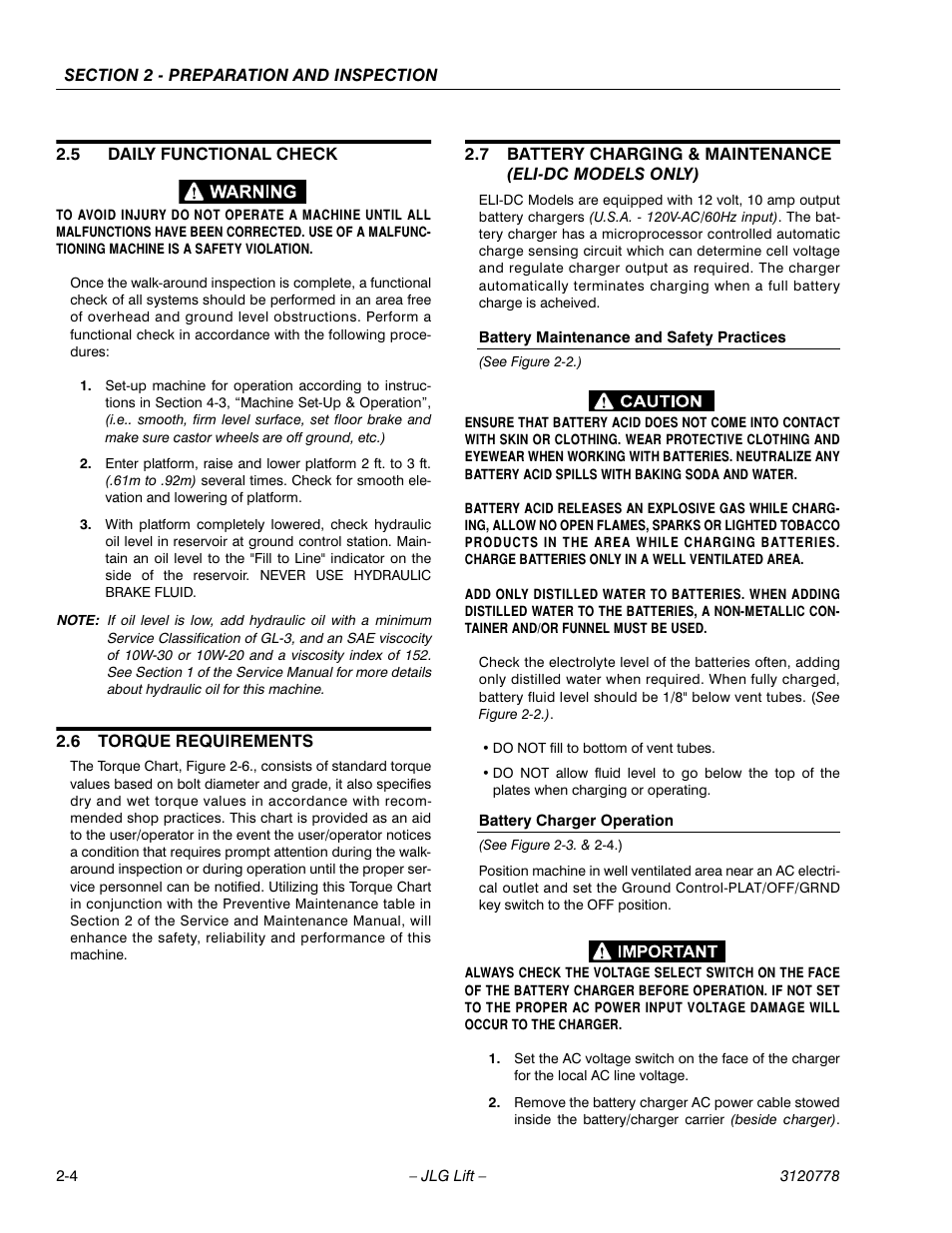 5 daily functional check, 6 torque requirements, Battery maintenance and safety practices | Battery charger operation, Daily functional check -4, Torque requirements -4 | JLG 15ELI Operator Manual User Manual | Page 22 / 50