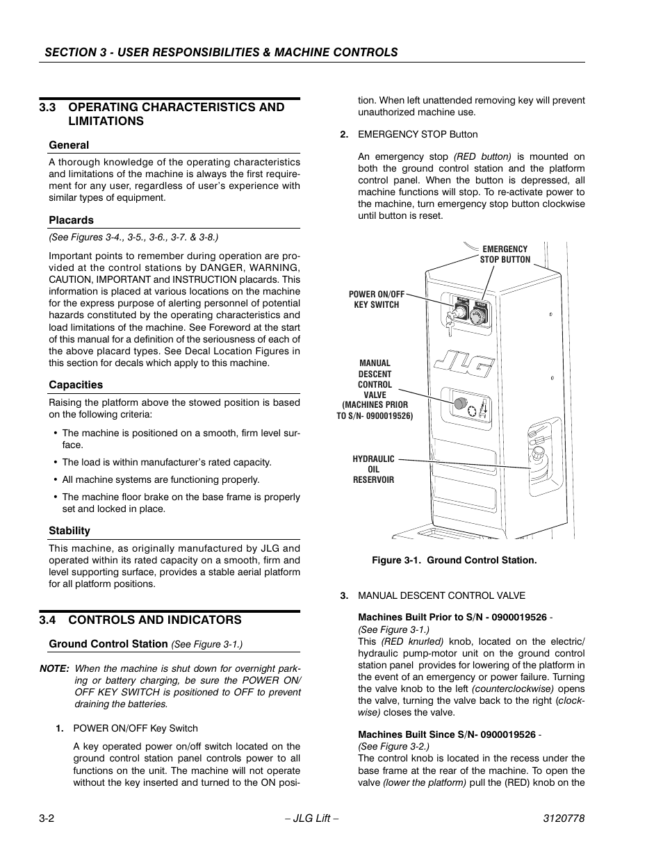 3 operating characteristics and limitations, General, Placards | Capacities, Stability, 4 controls and indicators, Ground control station (see figure 3-1.), Operating characteristics and limitations -2, General -2 placards -2 capacities -2 stability -2, Controls and indicators -2 | JLG 15ELI Operator Manual User Manual | Page 28 / 50