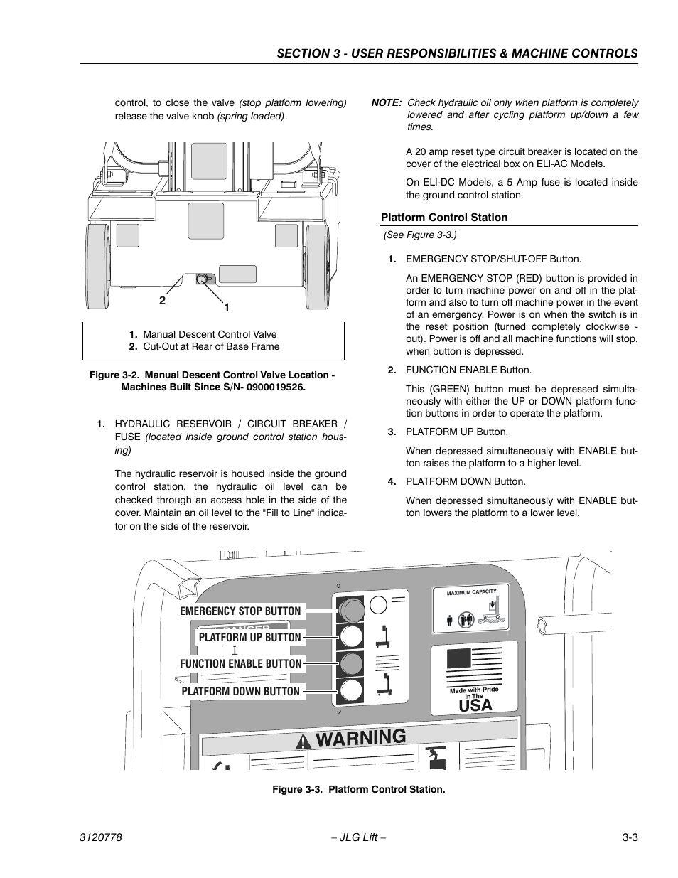 Platform control station, Platform control station -3, Since s/n-0900019526 -3 | JLG 15ELI Operator Manual User Manual | Page 29 / 50