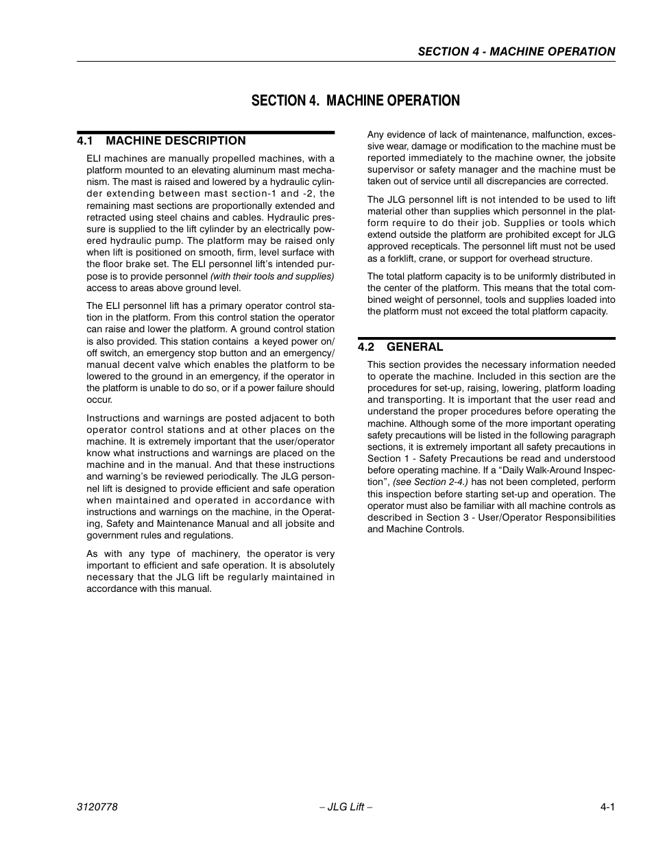 Section 4. machine operation, 1 machine description, 2 general | Section 4 - machine operation, Machine description -1, General -1 | JLG 15ELI Operator Manual User Manual | Page 35 / 50