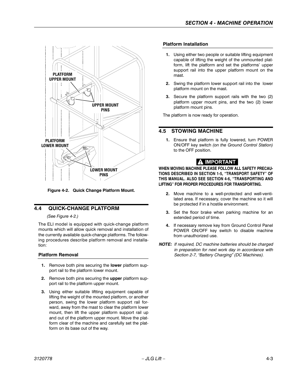 4 quick-change platform, Platform removal, Platform installation | 5 stowing machine, Quick-change platform -3, Platform removal -3 platform installation -3, Stowing machine -3, Quick change platform mount -3 | JLG 15ELI Operator Manual User Manual | Page 37 / 50