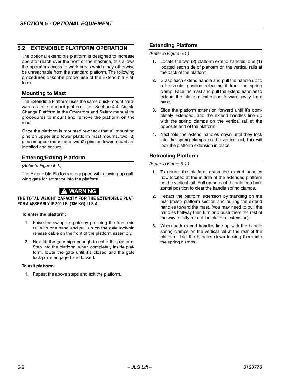 2 extendible platform operation, Mounting to mast, Entering/exiting platform | Extending platform, Retracting platform, Extendible platform operation -2 | JLG 15ELI Operator Manual User Manual | Page 40 / 50
