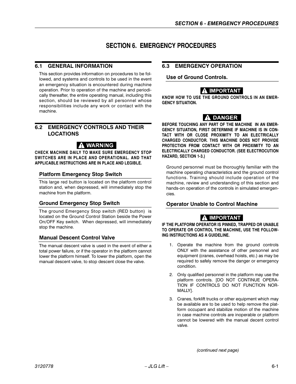 Section 6. emergency procedures, 1 general information, 2 emergency controls and their locations | Platform emergency stop switch, Ground emergency stop switch, Manual descent control valve, 3 emergency operation, Use of ground controls, Operator unable to control machine, Section 6 - emergency procedures | JLG 15ELI Operator Manual User Manual | Page 43 / 50