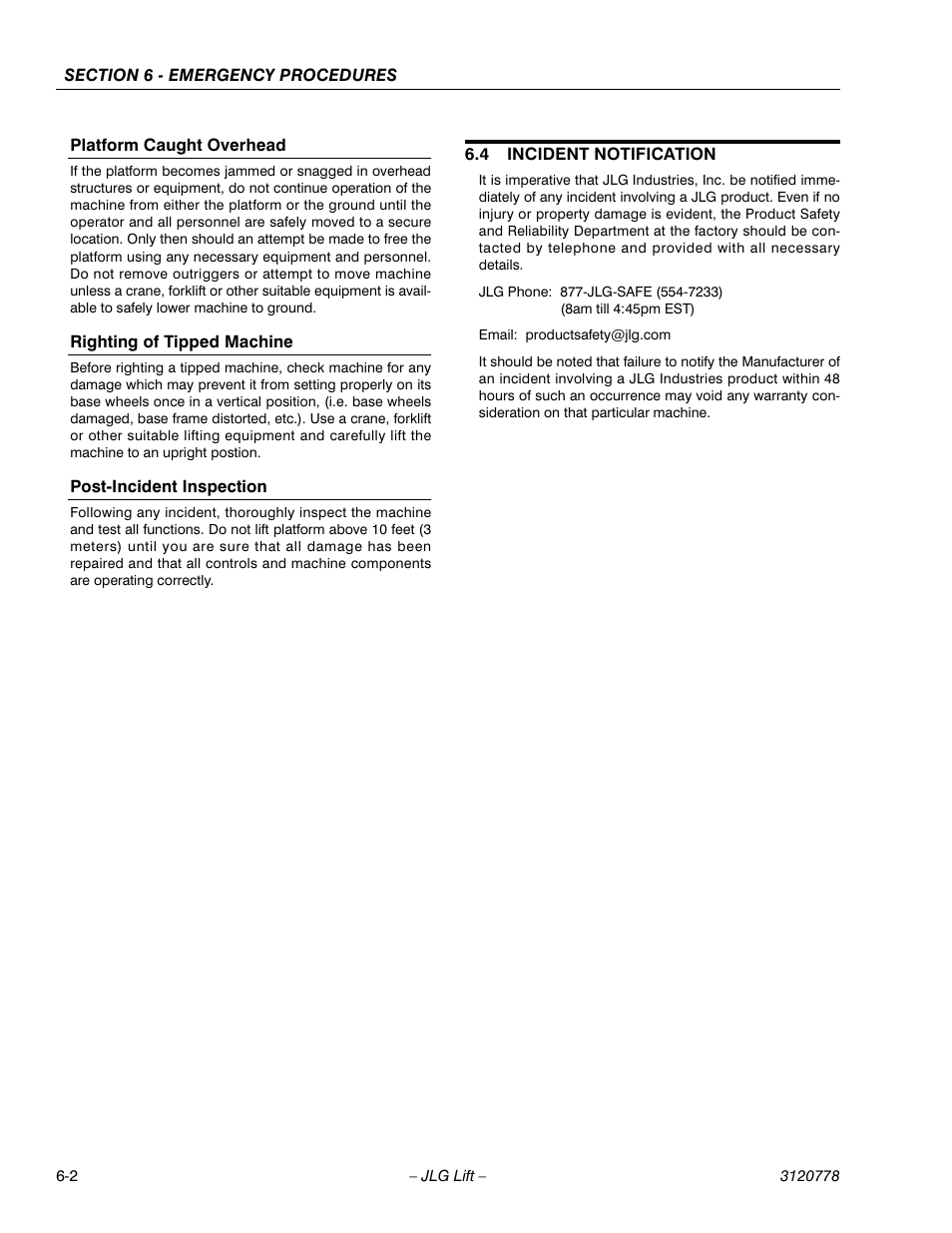 Platform caught overhead, Righting of tipped machine, Post-incident inspection | 4 incident notification, Incident notification -2 | JLG 15ELI Operator Manual User Manual | Page 44 / 50