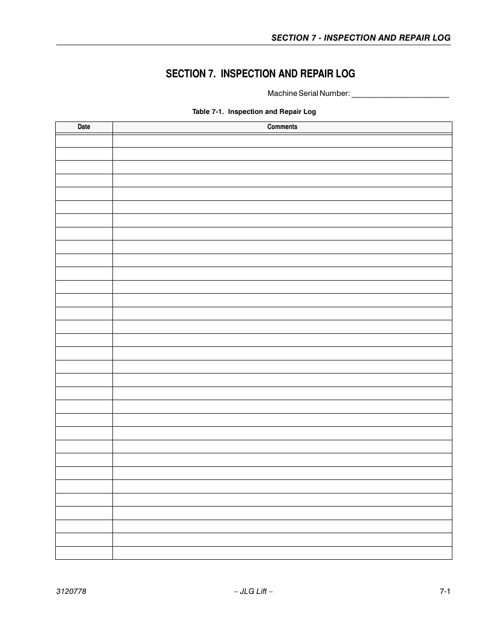 Section 7. inspection and repair log, Section 7 - inspection and repair log, Inspection and repair log -1 | JLG 15ELI Operator Manual User Manual | Page 45 / 50