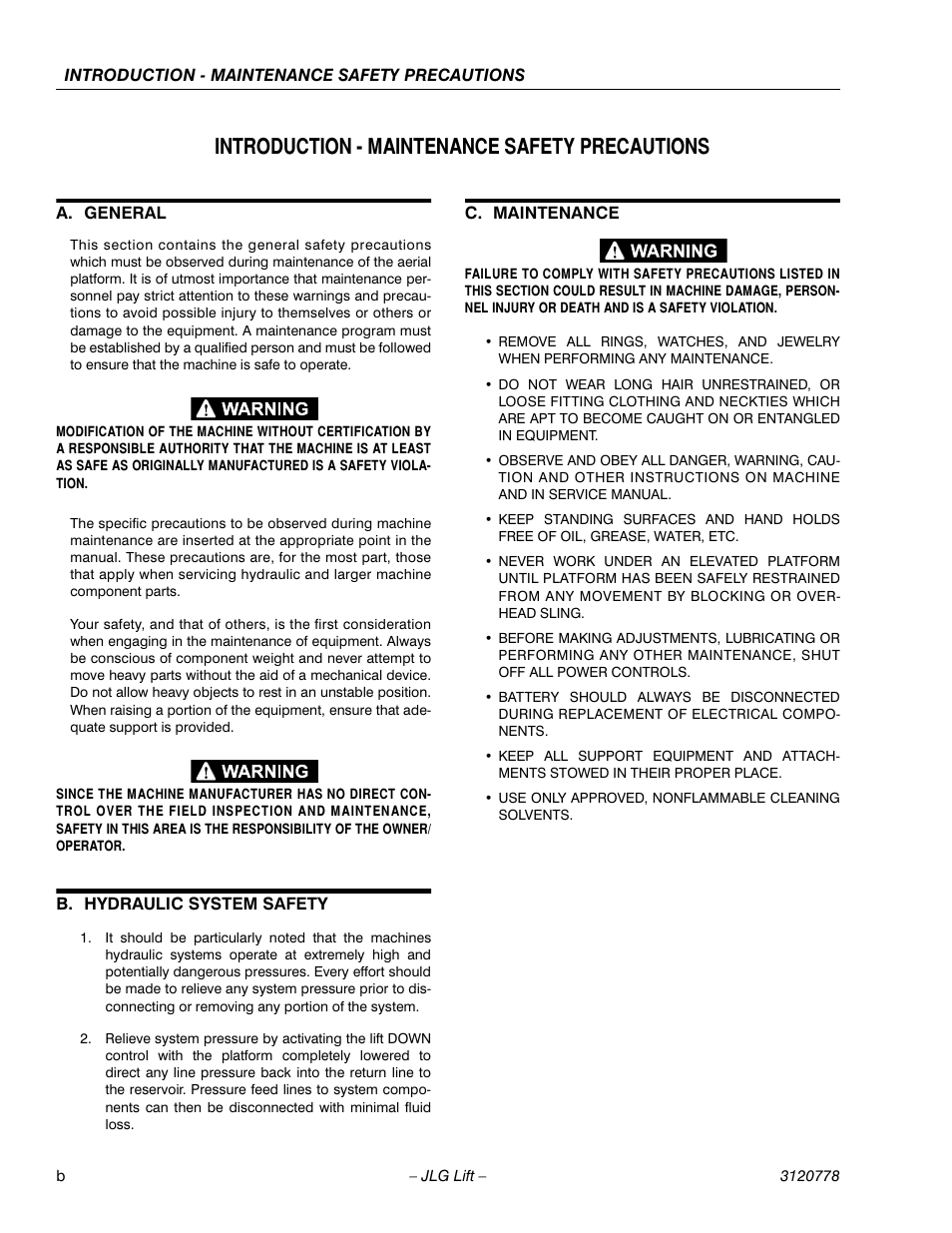 Introduction - maintenance safety precautions, A. general, B. hydraulic system safety | C. maintenance | JLG 15ELI Operator Manual User Manual | Page 6 / 50