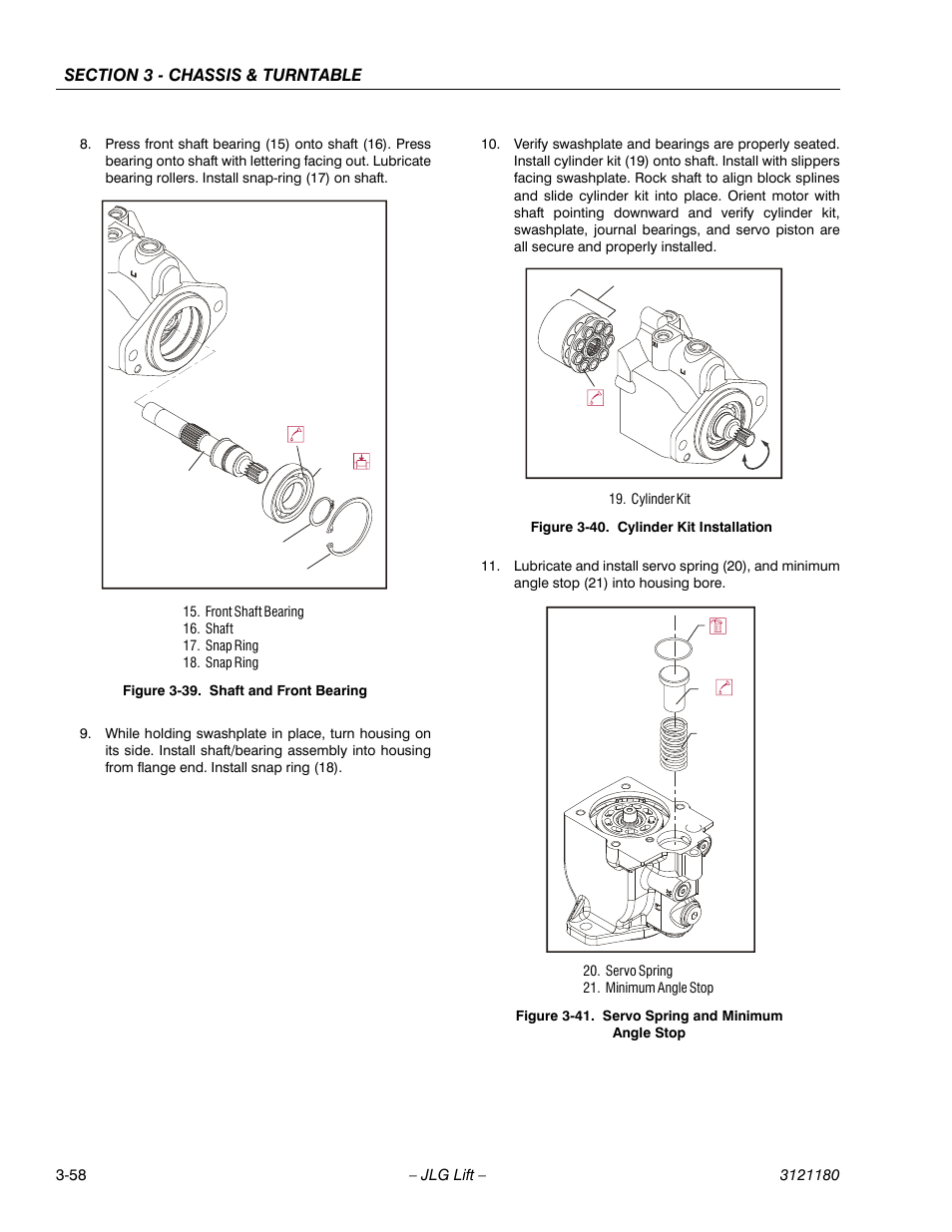Shaft and front bearing -58, Cylinder kit installation -58, Servo spring and minimum angle stop -58 | JLG 450A_AJ Series II Service Manual User Manual | Page 108 / 472