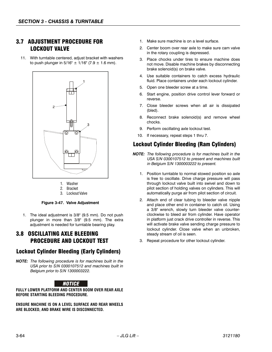 7 adjustment procedure for lockout valve, Lockout cylinder bleeding (early cylinders), Lockout cylinder bleeding (ram cylinders) | Adjustment procedure for lockout valve -64, Valve adjustment -64 | JLG 450A_AJ Series II Service Manual User Manual | Page 114 / 472