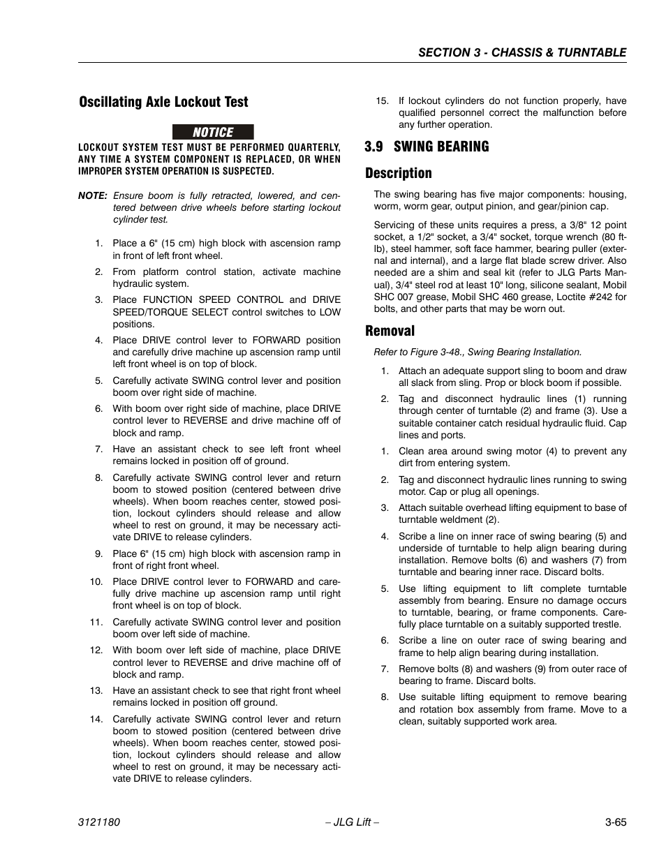Oscillating axle lockout test, 9 swing bearing, Description | Removal, Oscillating axle lockout test -65, Swing bearing -65, Description -65 removal -65, 9 swing bearing description | JLG 450A_AJ Series II Service Manual User Manual | Page 115 / 472