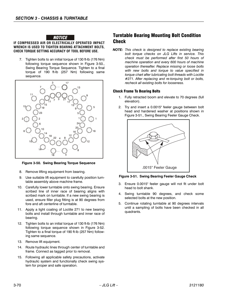 Turntable bearing mounting bolt condition check, Check frame to bearing bolts, Swing bearing torque sequence -70 | Swing bearing feeler gauge check -70 | JLG 450A_AJ Series II Service Manual User Manual | Page 120 / 472