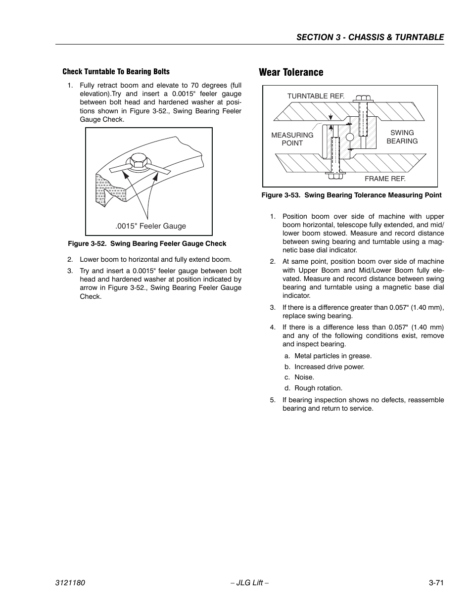 Wear tolerance, Wear tolerance -71, Swing bearing feeler gauge check -71 | Swing bearing tolerance measuring point -71 | JLG 450A_AJ Series II Service Manual User Manual | Page 121 / 472