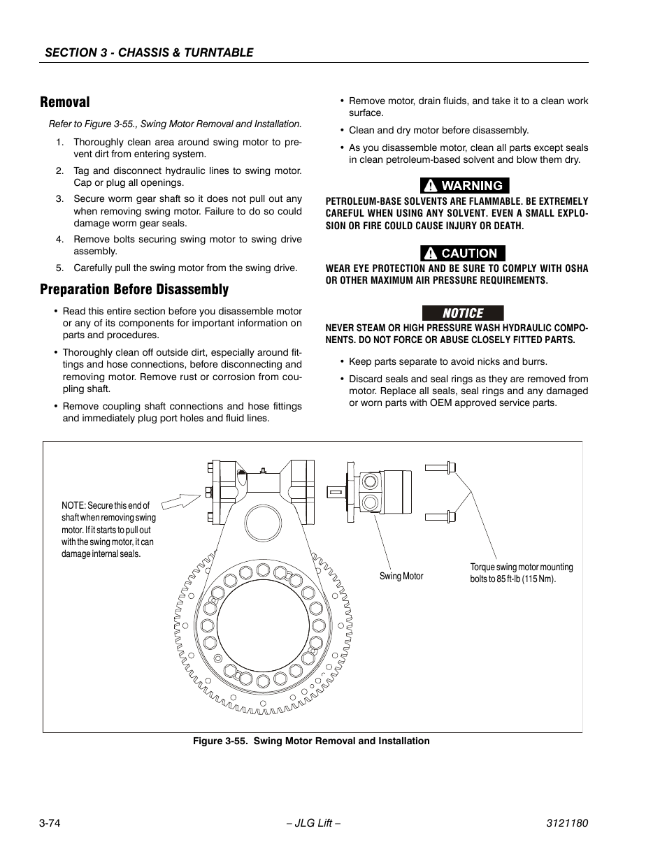 Removal, Preparation before disassembly, Removal -74 preparation before disassembly -74 | Swing motor removal and installation -74 | JLG 450A_AJ Series II Service Manual User Manual | Page 124 / 472