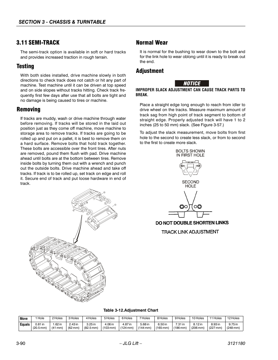 11 semi-track, Testing, Removing | Normal wear, Adjustment, Semi-track -90, Adjustment chart -90 | JLG 450A_AJ Series II Service Manual User Manual | Page 140 / 472
