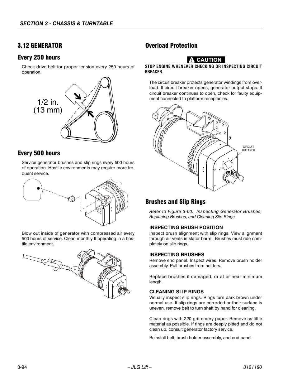 12 generator, Every 250 hours, Every 500 hours | Overload protection, Brushes and slip rings, Generator -94, 1/2 in. (13 mm) | JLG 450A_AJ Series II Service Manual User Manual | Page 144 / 472