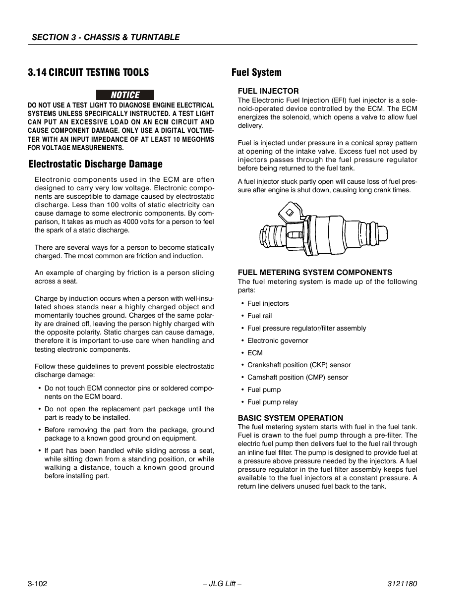 14 circuit testing tools, Electrostatic discharge damage, Fuel system | Circuit testing tools -102 | JLG 450A_AJ Series II Service Manual User Manual | Page 152 / 472