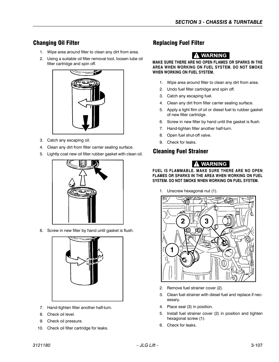 Changing oil filter, Replacing fuel filter, Cleaning fuel strainer | JLG 450A_AJ Series II Service Manual User Manual | Page 157 / 472