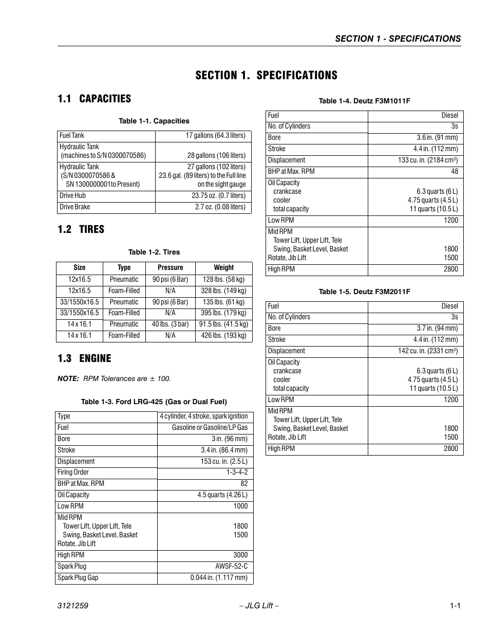 Section 1. specifications, 1 capacities, 2 tires | 3 engine, Section 1 - specifications, Capacities -1, Tires -1, Engine -1, Ford lrg-425 (gas or dual fuel) -1, Deutz f3m1011f -1 | JLG 450A_AJ Series II Service Manual User Manual | Page 17 / 472