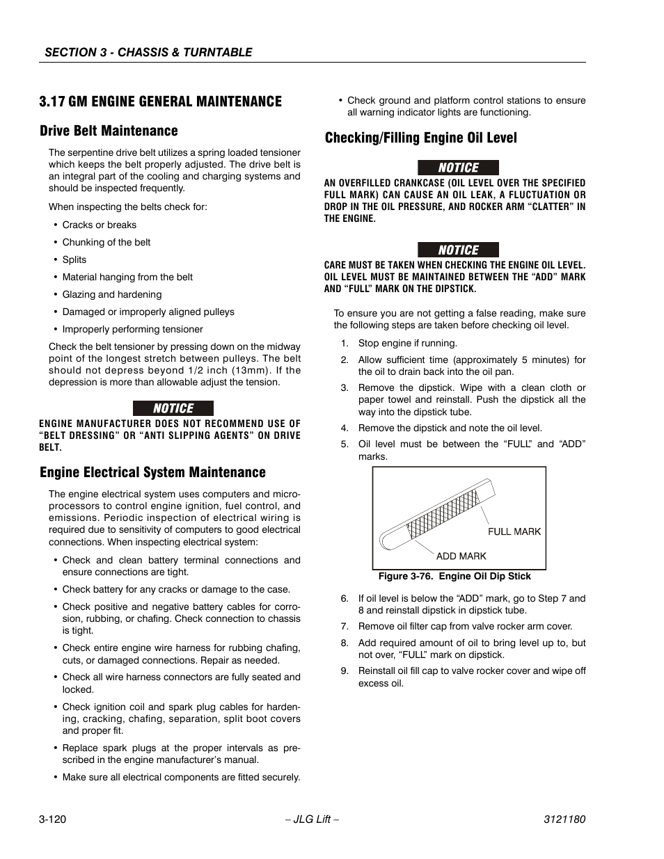 17 gm engine general maintenance, Drive belt maintenance, Engine electrical system maintenance | Checking/filling engine oil level, Gm engine general maintenance -120, Drive belt maintenance -120, Engine oil dip stick -120 | JLG 450A_AJ Series II Service Manual User Manual | Page 170 / 472