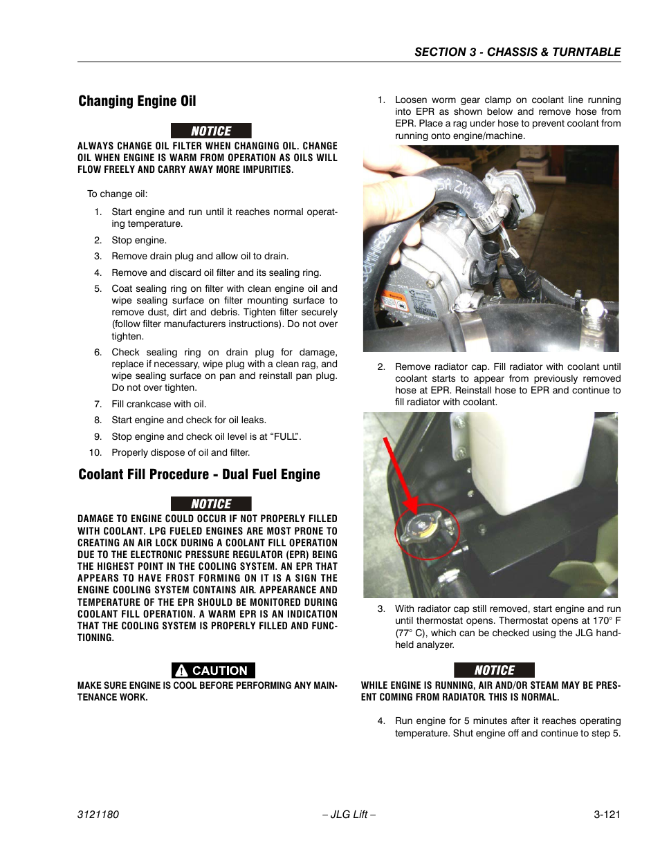 Changing engine oil, Coolant fill procedure - dual fuel engine | JLG 450A_AJ Series II Service Manual User Manual | Page 171 / 472