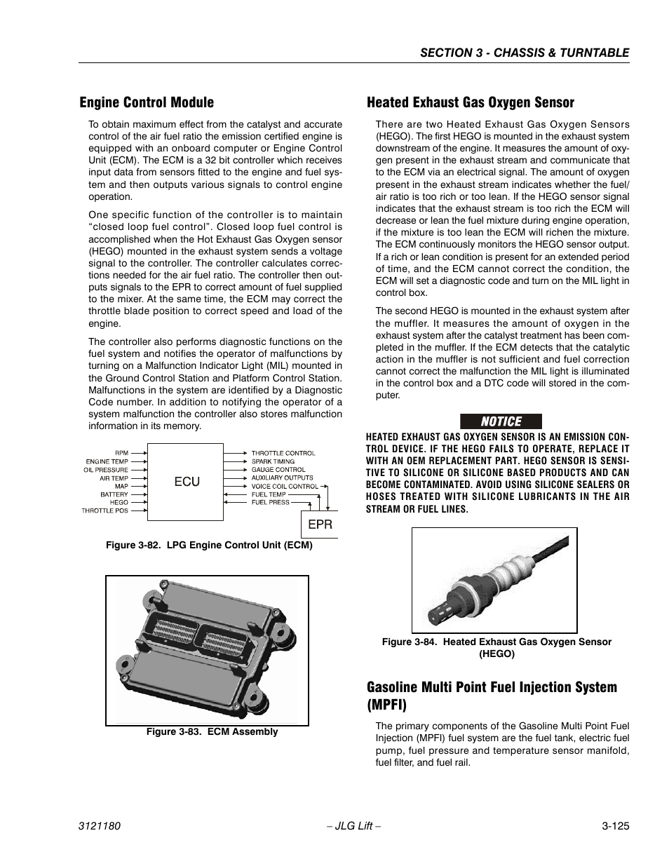 Engine control module, Heated exhaust gas oxygen sensor, Gasoline multi point fuel injection system (mpfi) | Lpg engine control unit (ecm) -125, Ecm assembly -125, Heated exhaust gas oxygen sensor (hego) -125 | JLG 450A_AJ Series II Service Manual User Manual | Page 175 / 472
